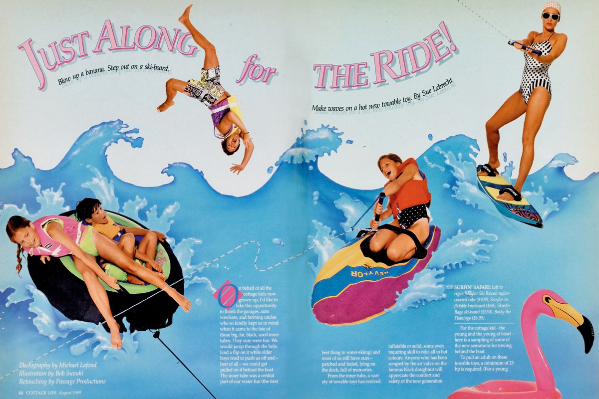 an opening spread from the magazine featuring people posing strangely with water toys