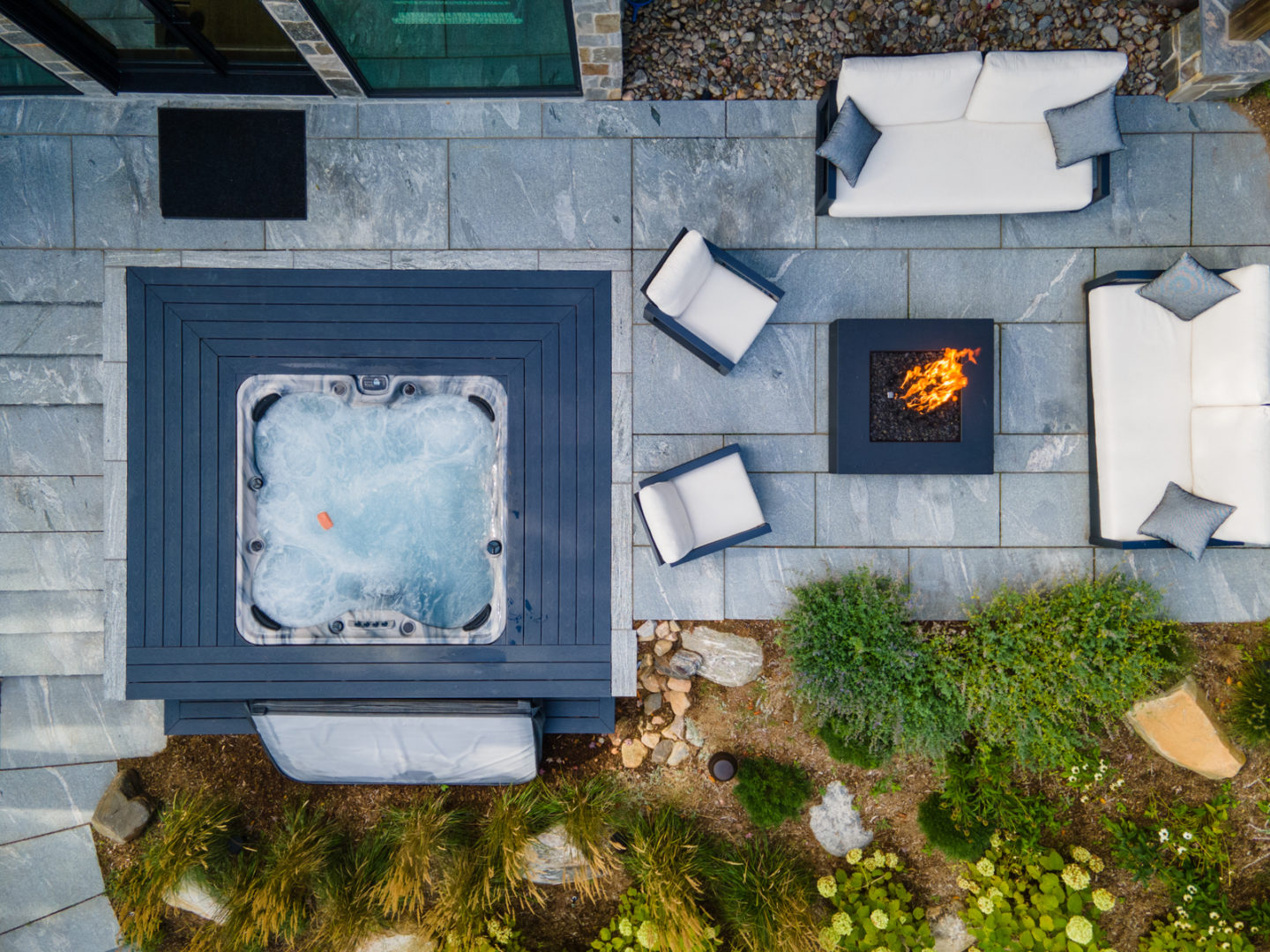 hot tub and firepit outside