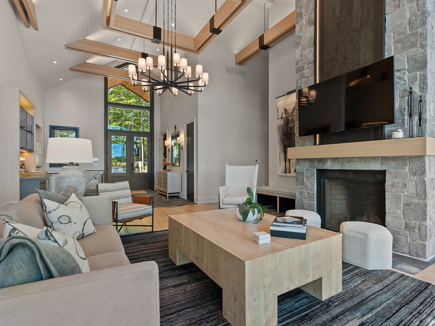 Family room with floor-to-ceiling fireplace