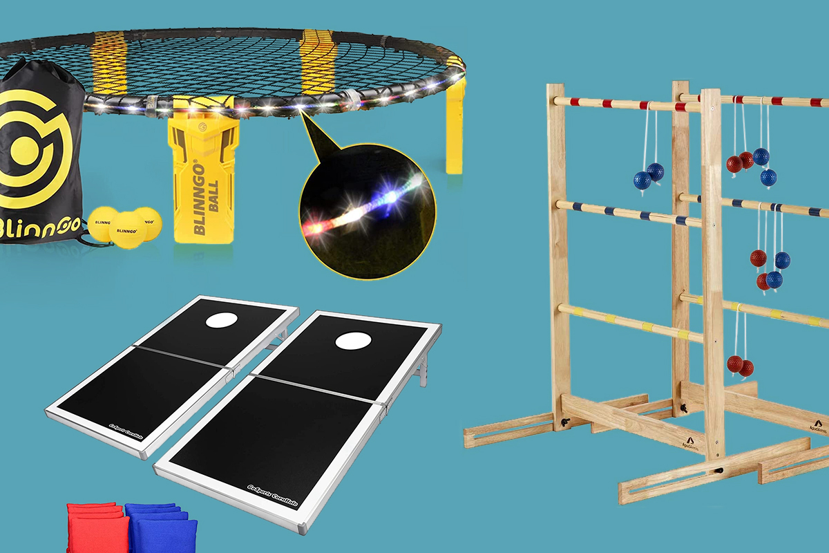 spike ball, corn hole, and ladder ball toss on a blue background