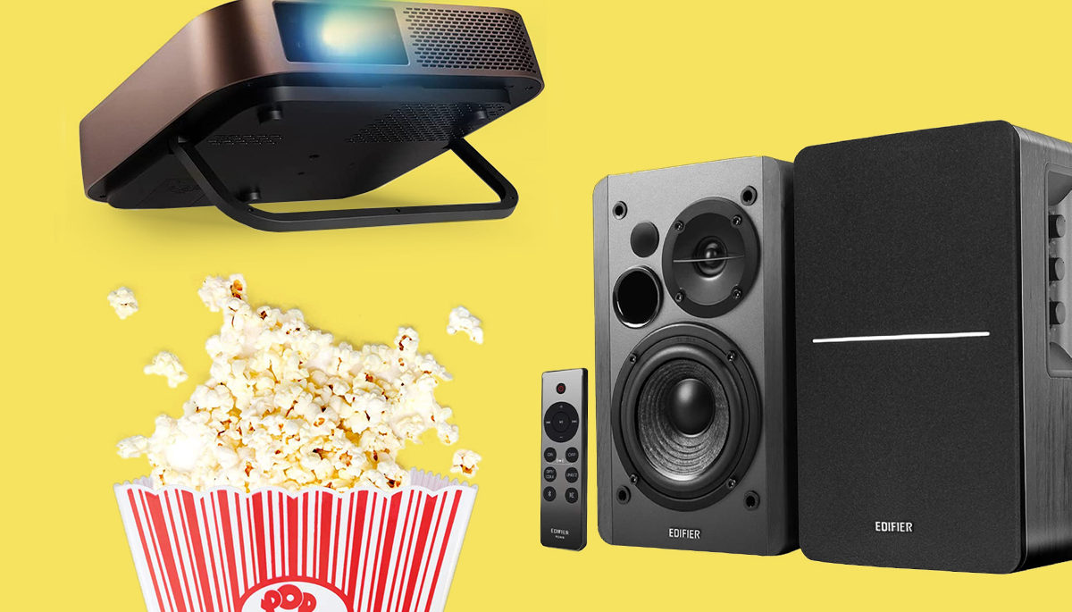 Popcorn in a rub, projector, and a speaker