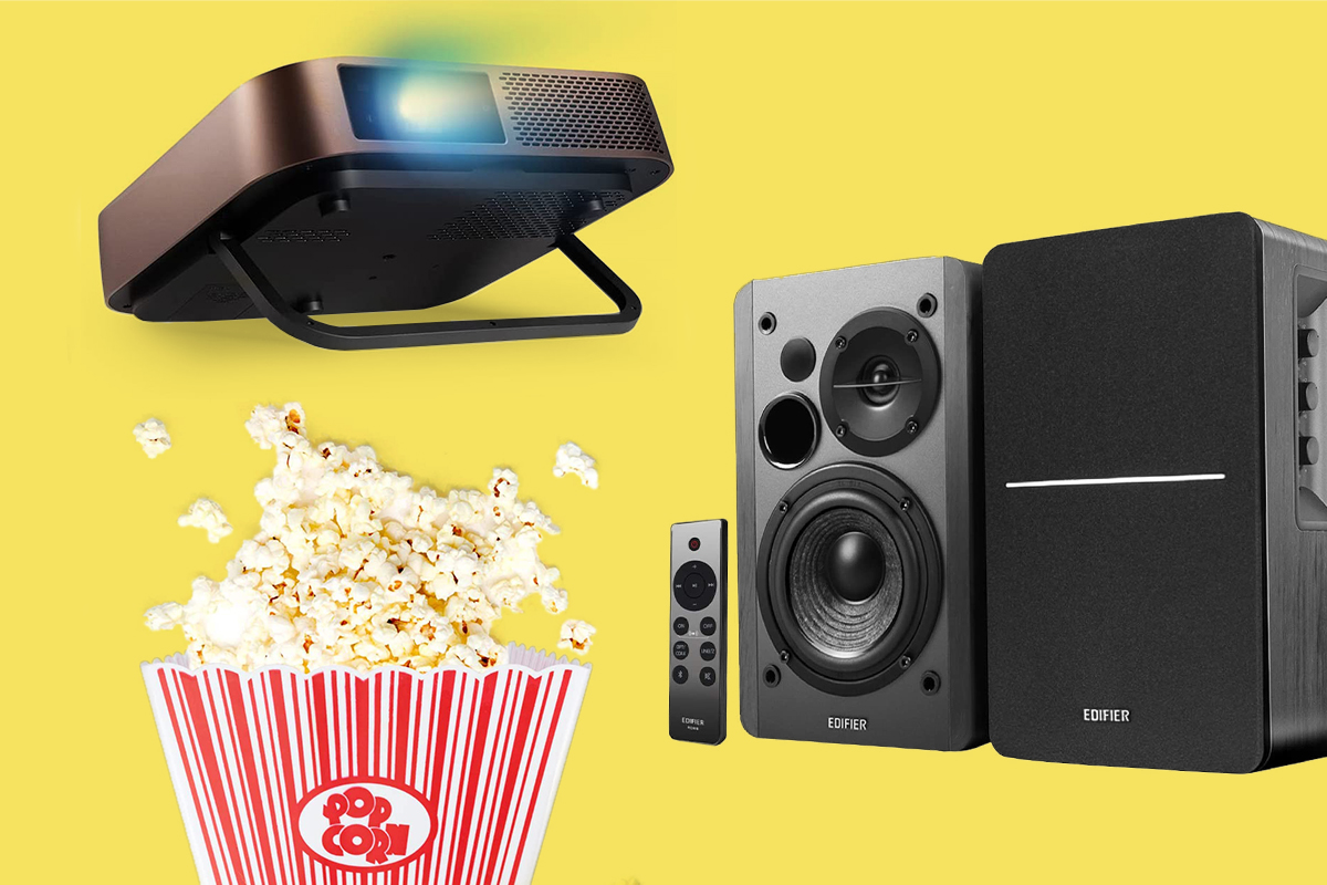 Popcorn in a rub, projector, and a speaker