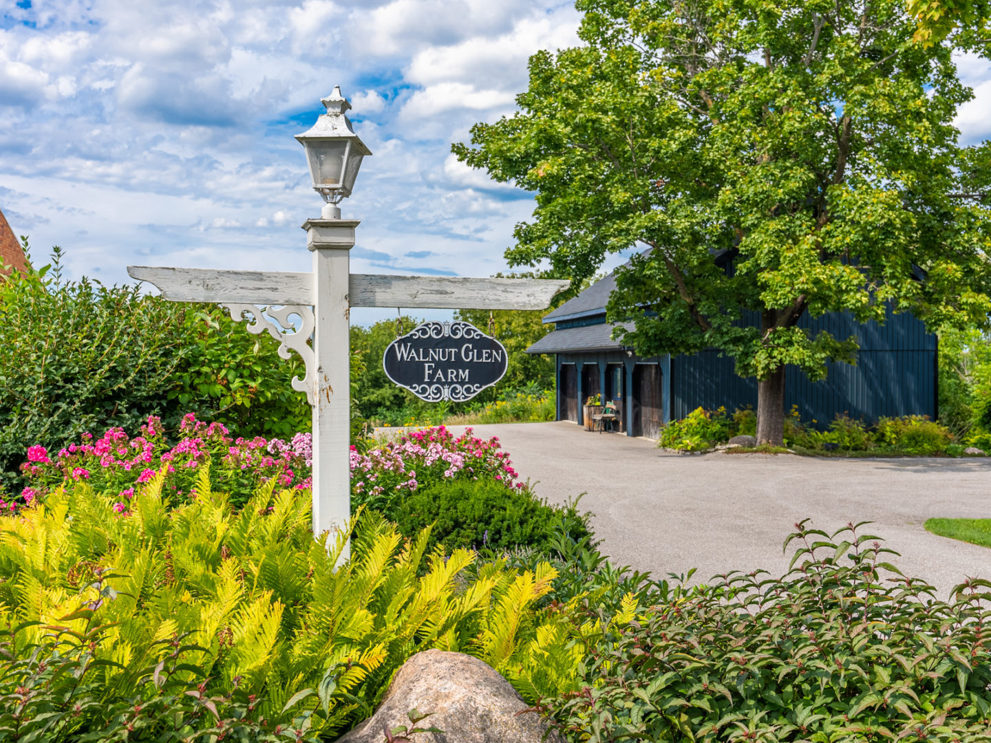A flower bed with a small lamp post in the middle. A road to the right leads to a small coach house in the background.