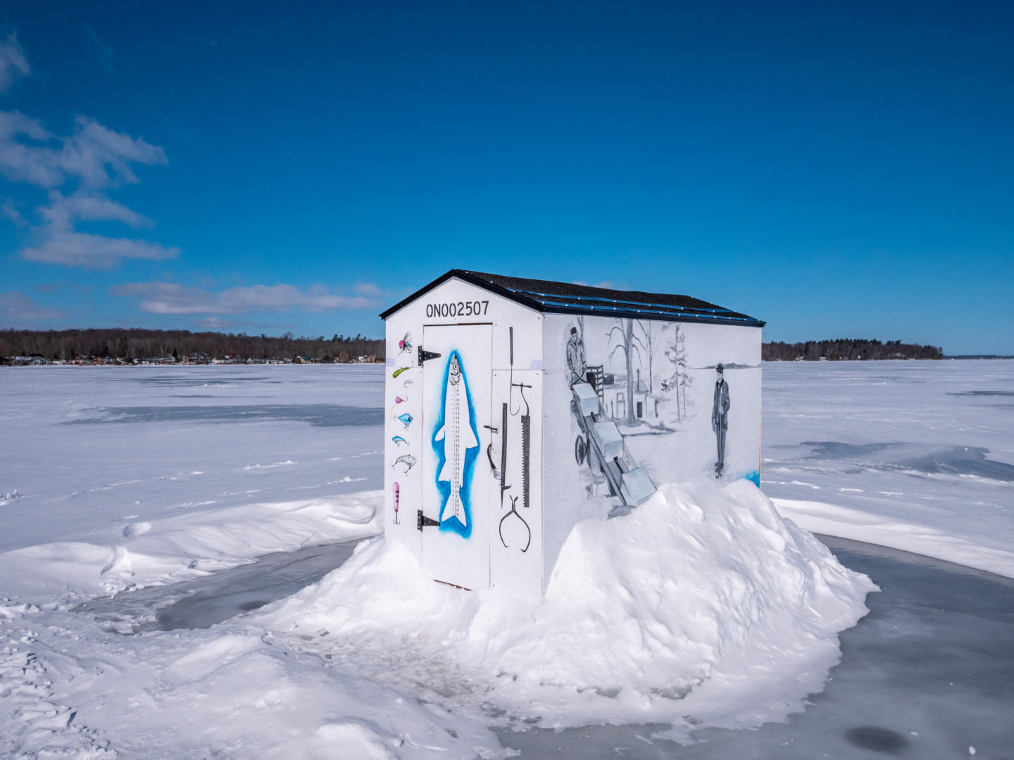 A painted ice fishing hut