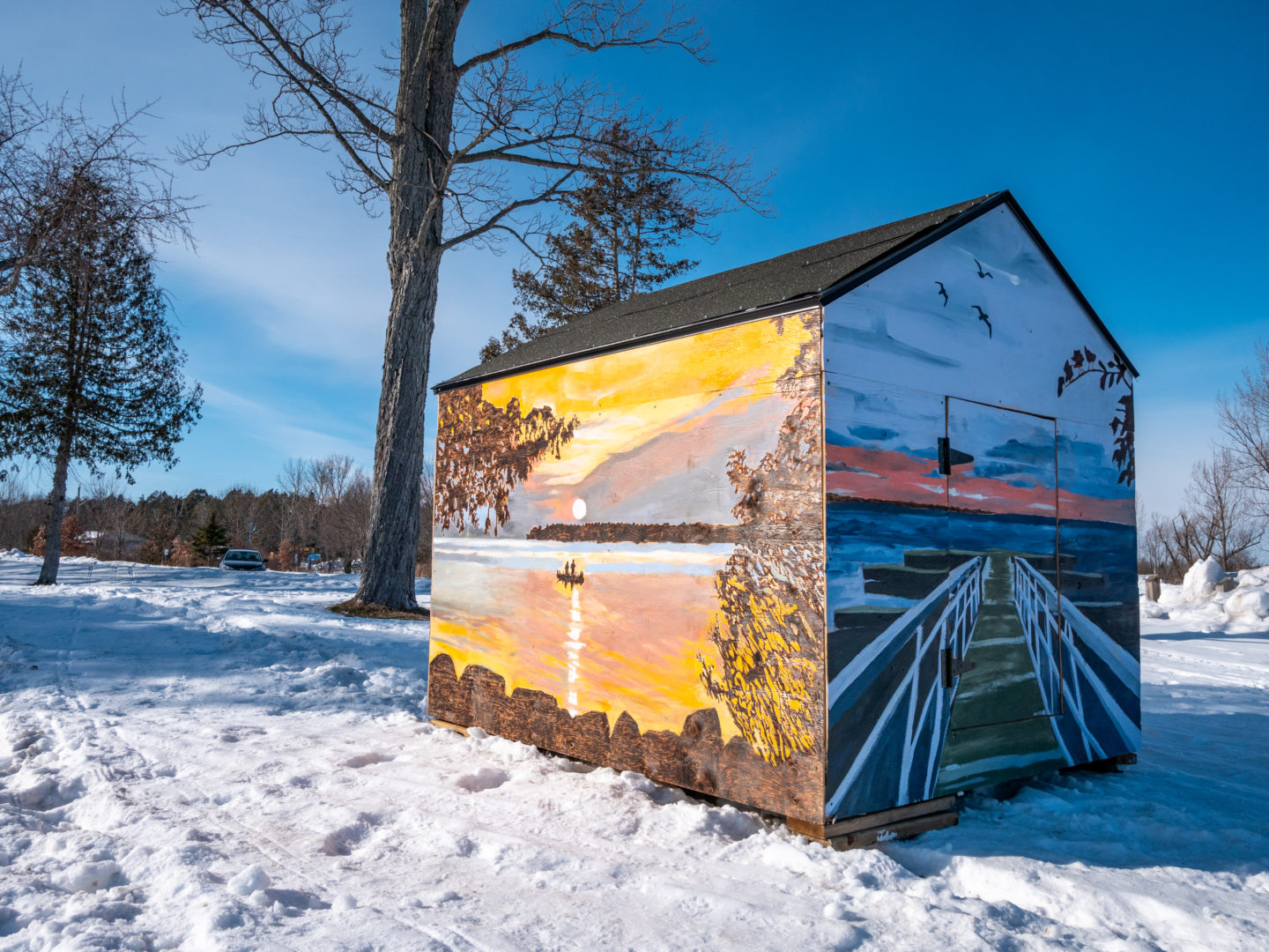 A painted ice fishing hut