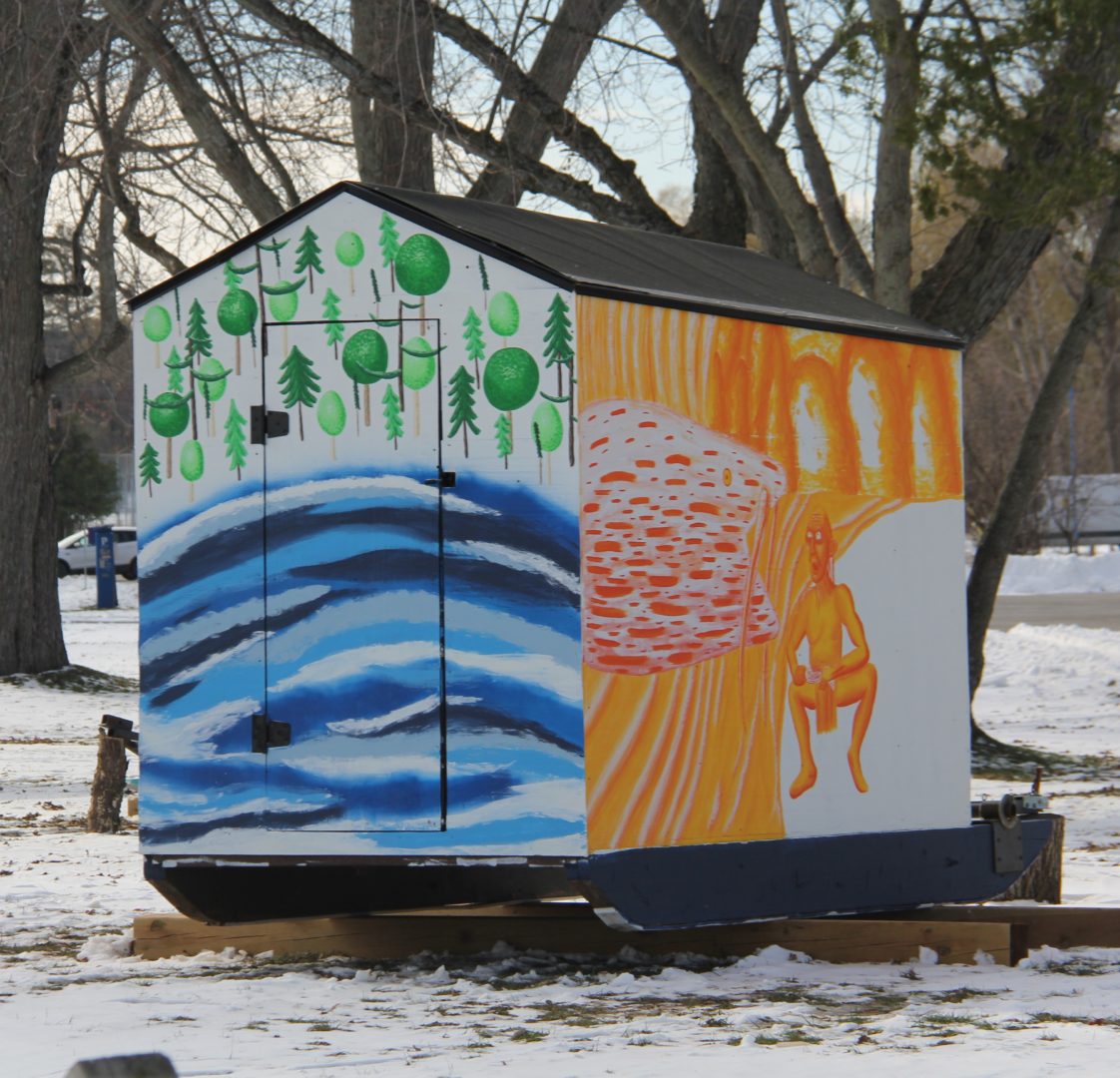 A painted ice fishing hut