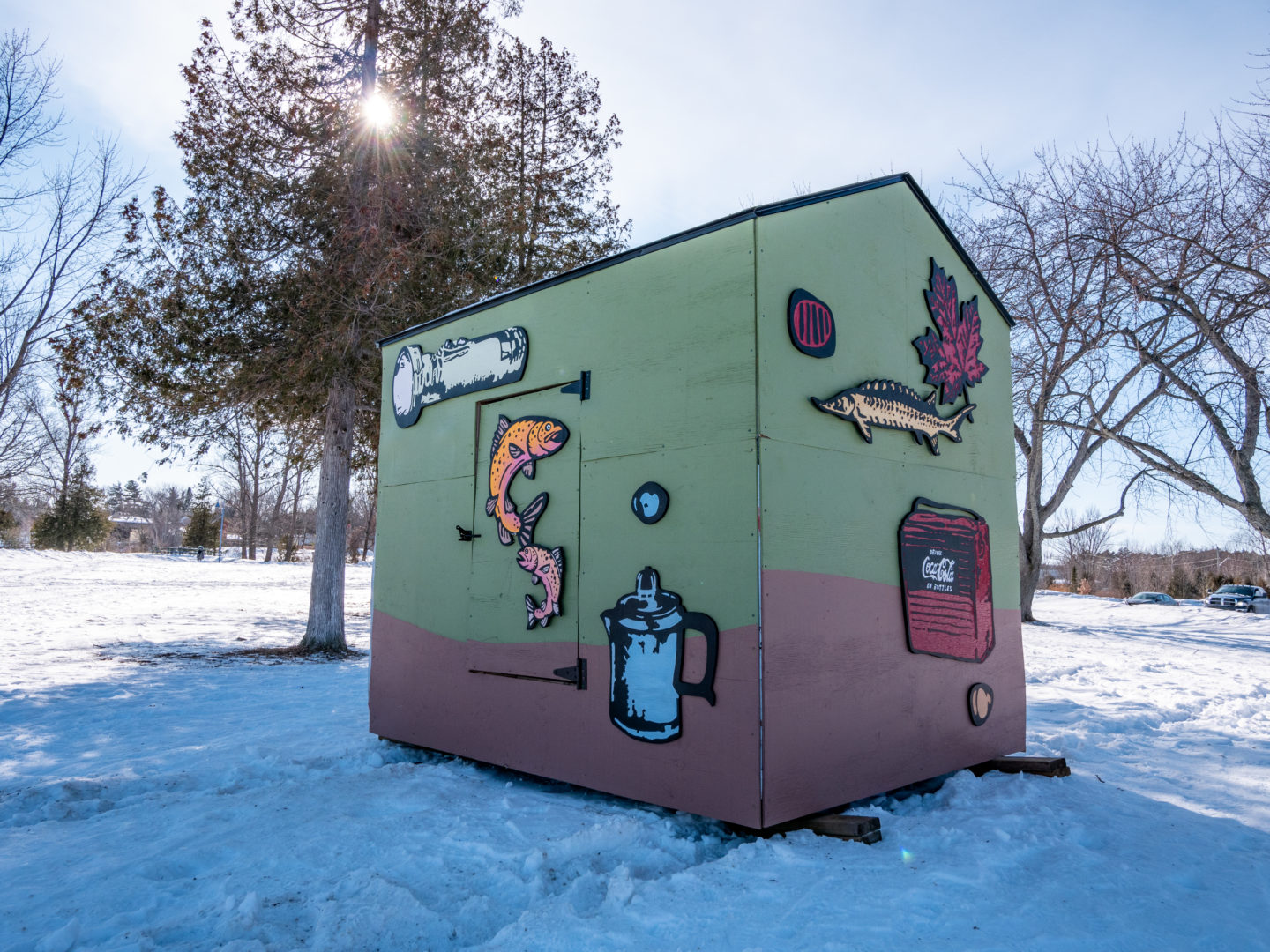 A painted ice fishing hut