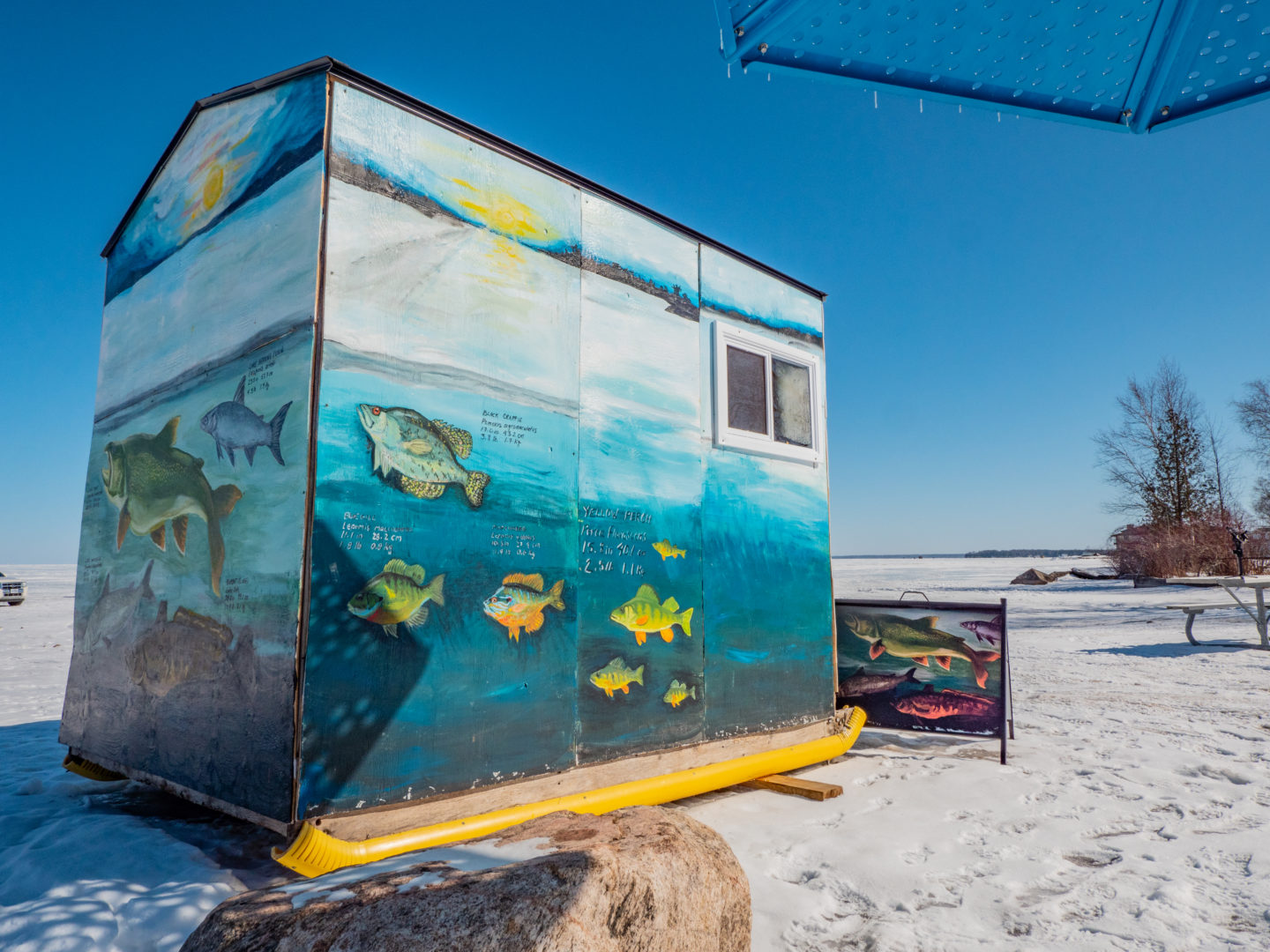 A painted ice fishing hut