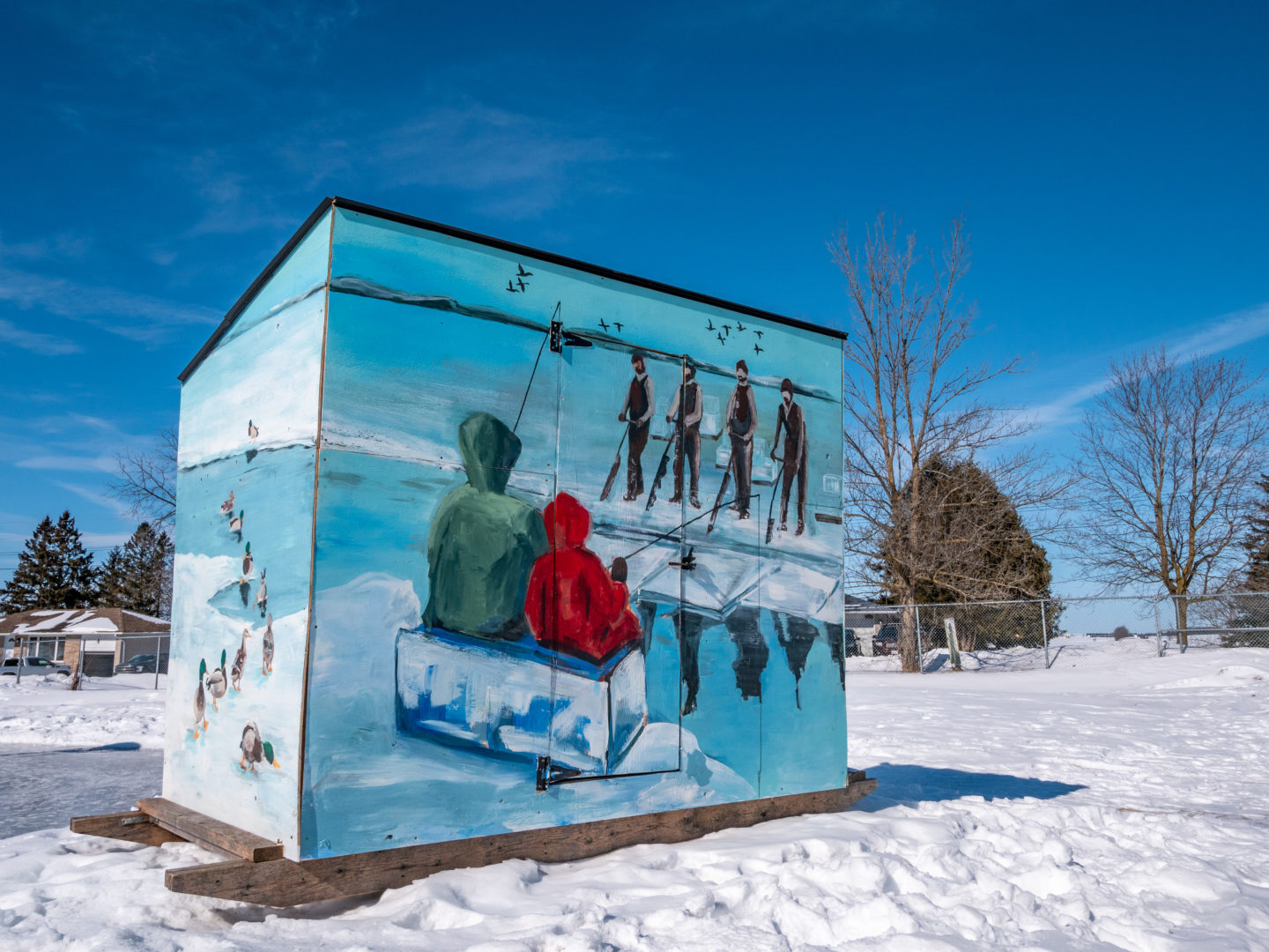 A painted ice fishing hut
