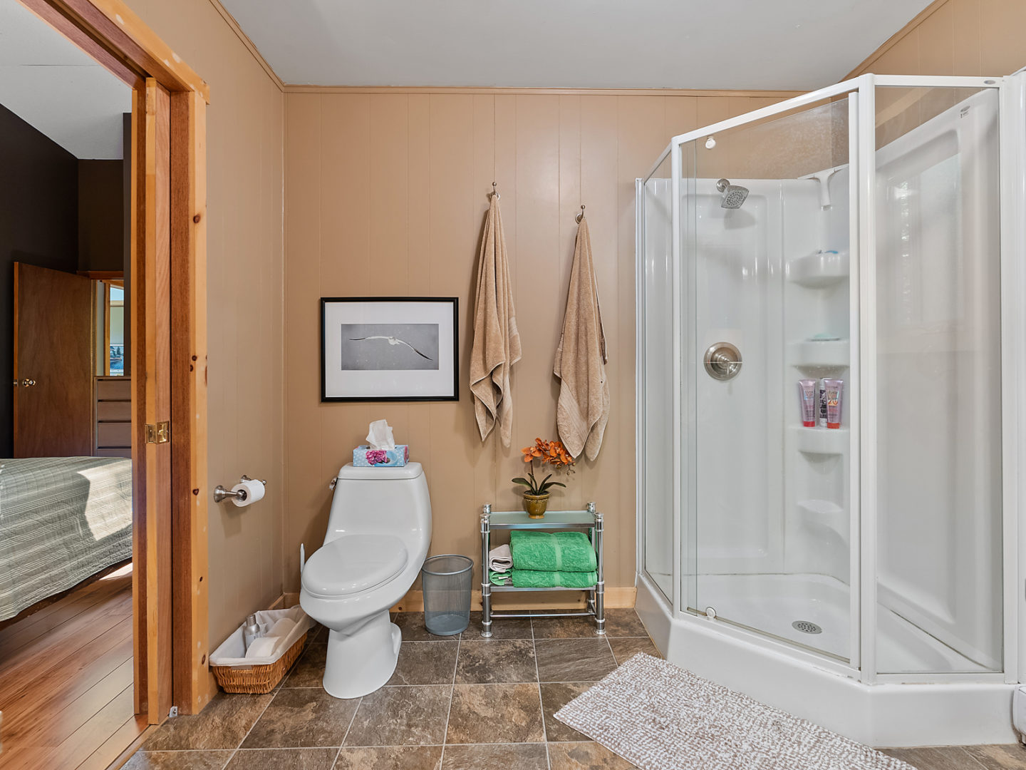 A large ensuite bathroom with a toilet and a walk-in shower.
