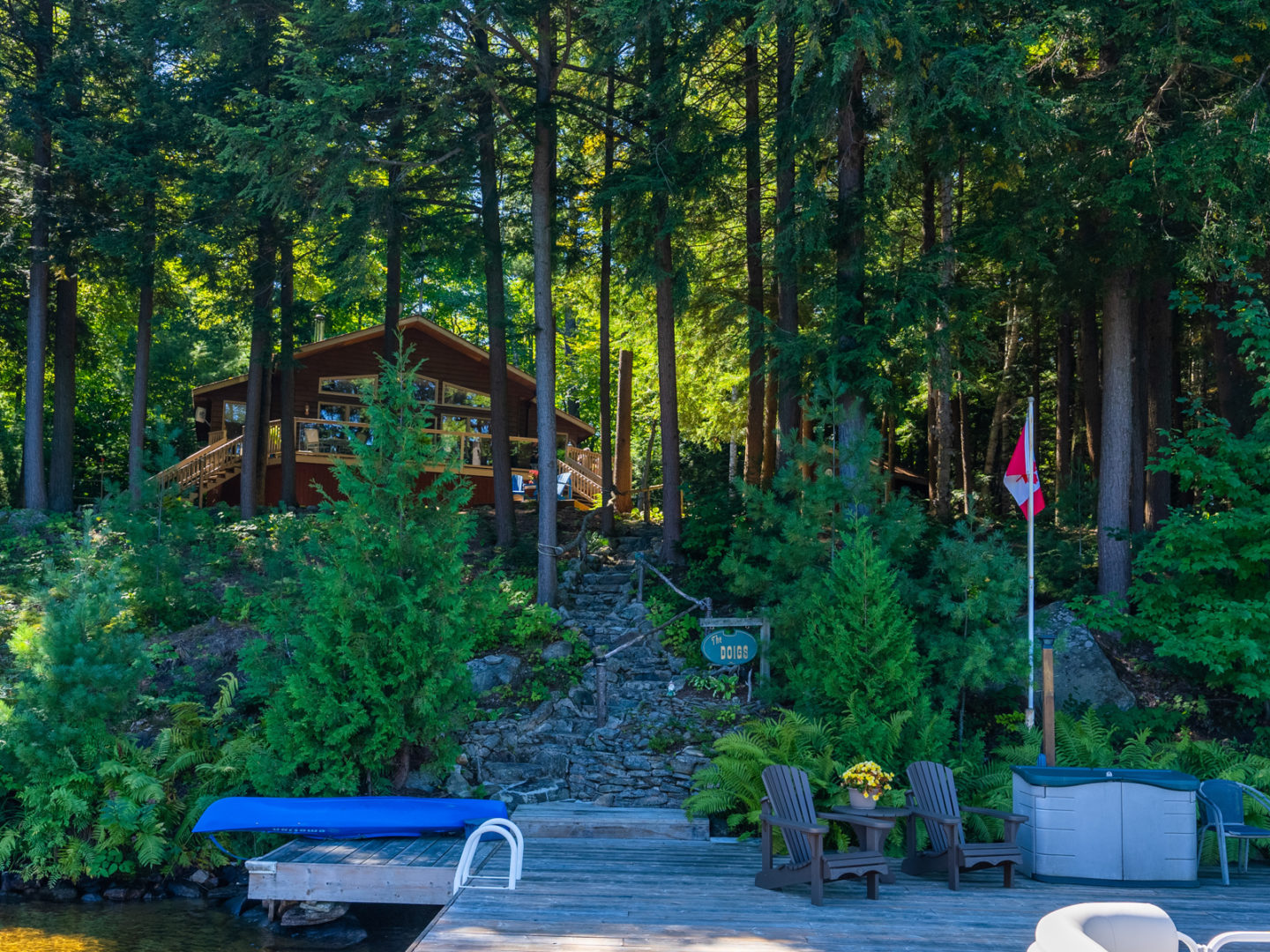 View from a dock, looking up a sloping hill toward a cottage surrounded by trees.