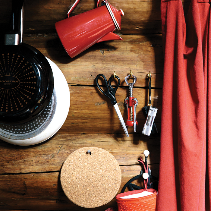 An organized inside wall of a cabin
