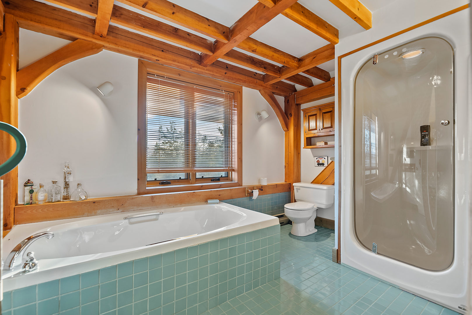 A large bathroom with a toilet, a bathtub, a shower, and turquoise tile on the floor.