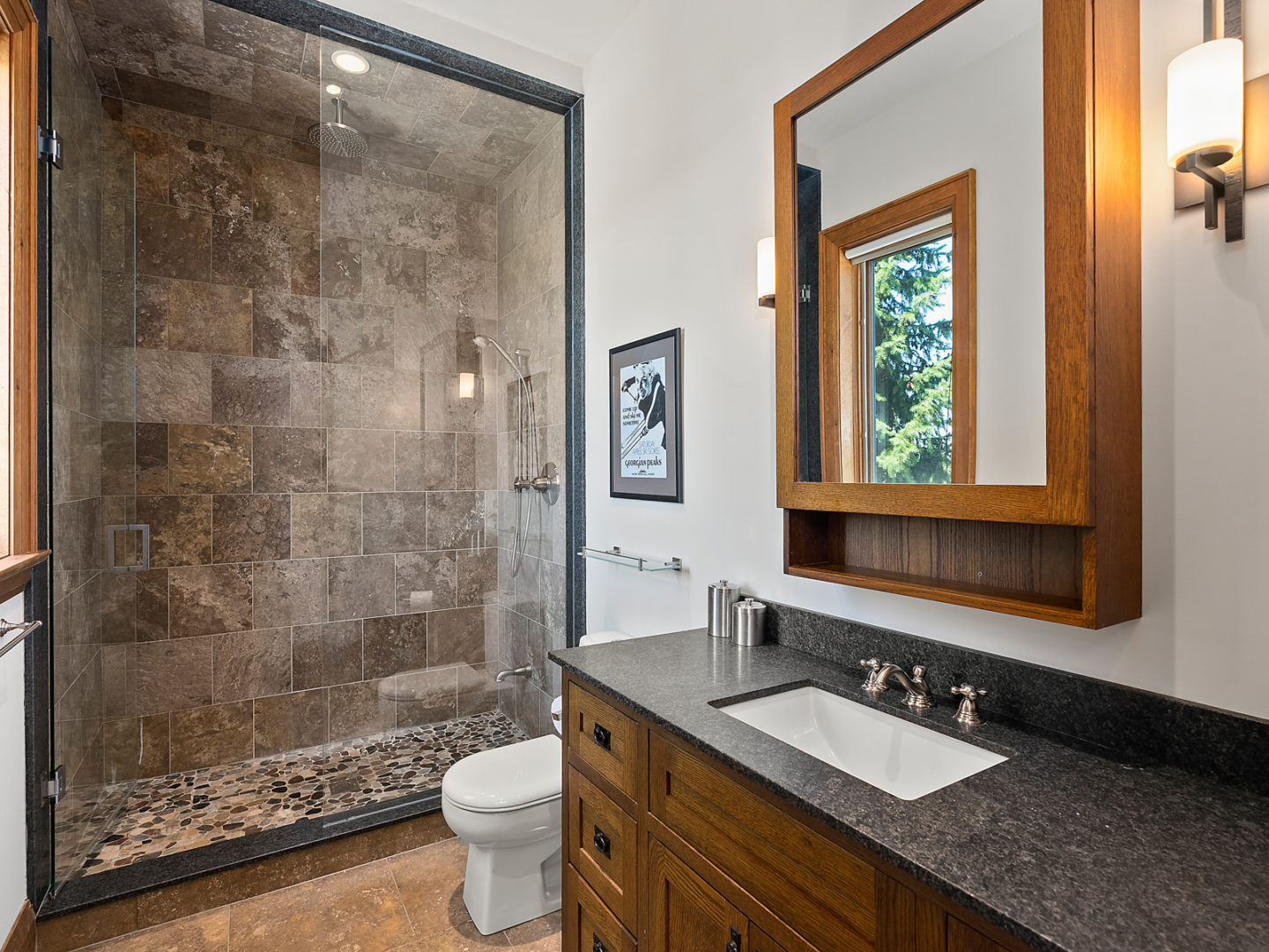 An ensuite bathroom with a toilet, a sink, and a walk-in shower.