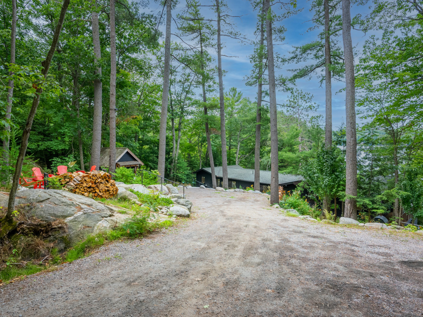 A wide, long gravel driveway leading to a cottage surrounded by trees.
