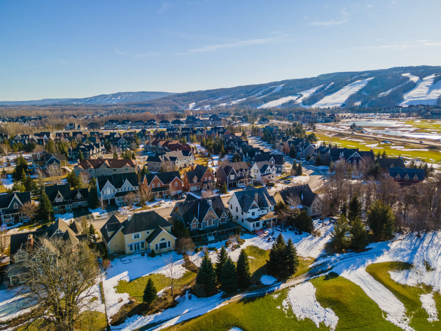 A luxurious suburban neighbourhood with large homes, big green lots, and a snowy mountain in the background.