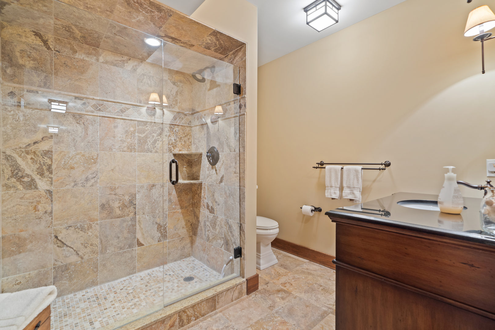 A bathroom with a toilet, a sink, and a walk-in shower.