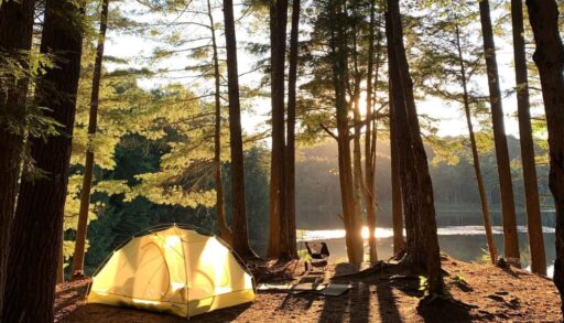 tent in the middle of a forest on a lake