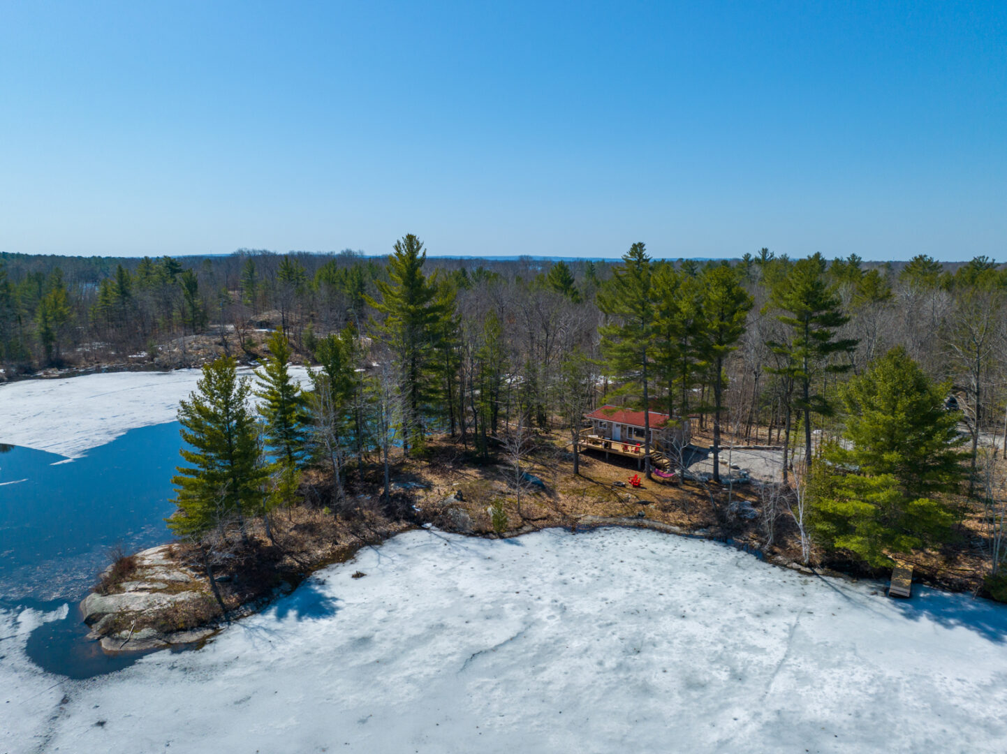An expansive lake shoreline with a small cottage sitting among the trees.