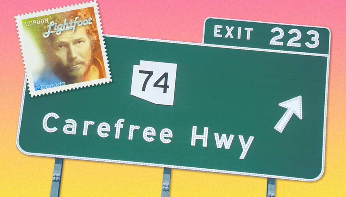 collage of Gordon Light postage stamp and highway sign