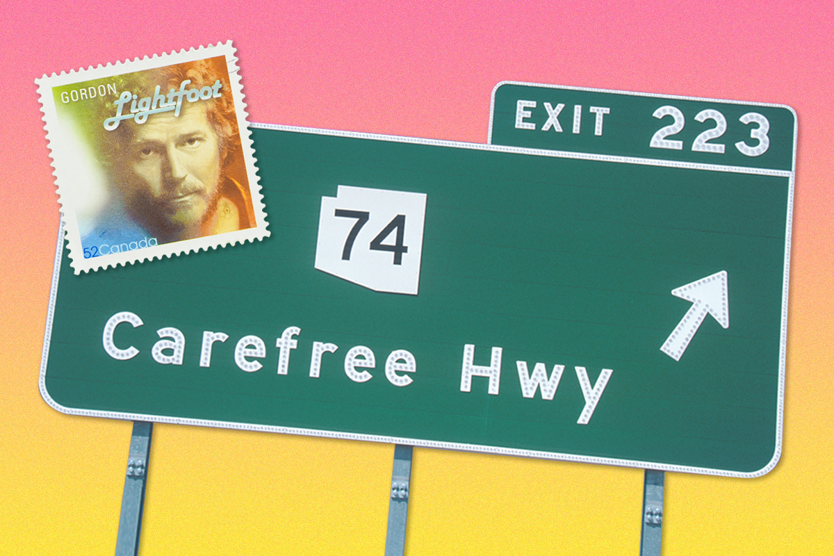 collage of Gordon Light postage stamp and highway sign