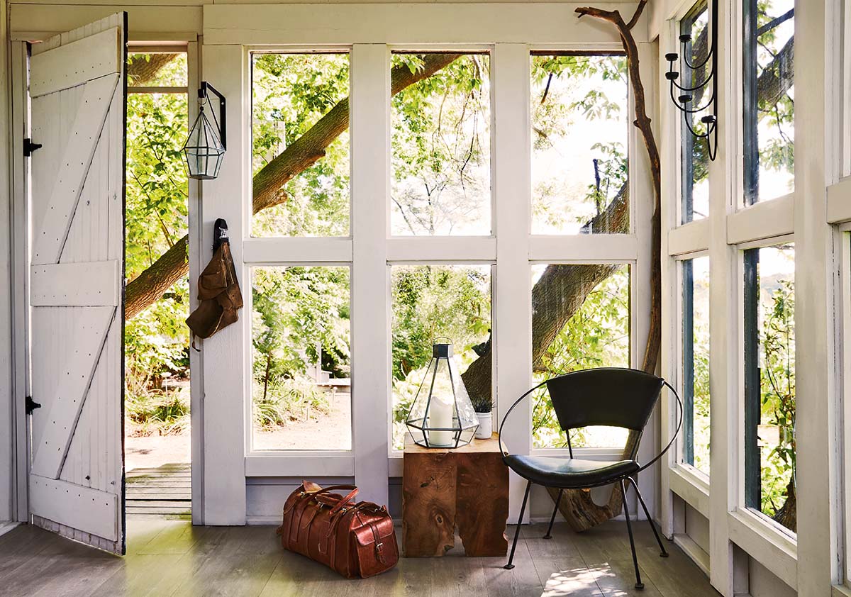 Papasan chair in a bright and sunny room at the cottage with green trees seen through the open windows
