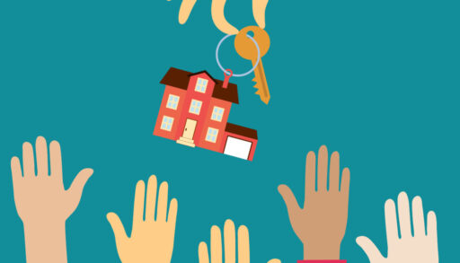 hand real estate agent holding holds a key with a tag in the form of homes, and buyers are putting up hands. Gen X