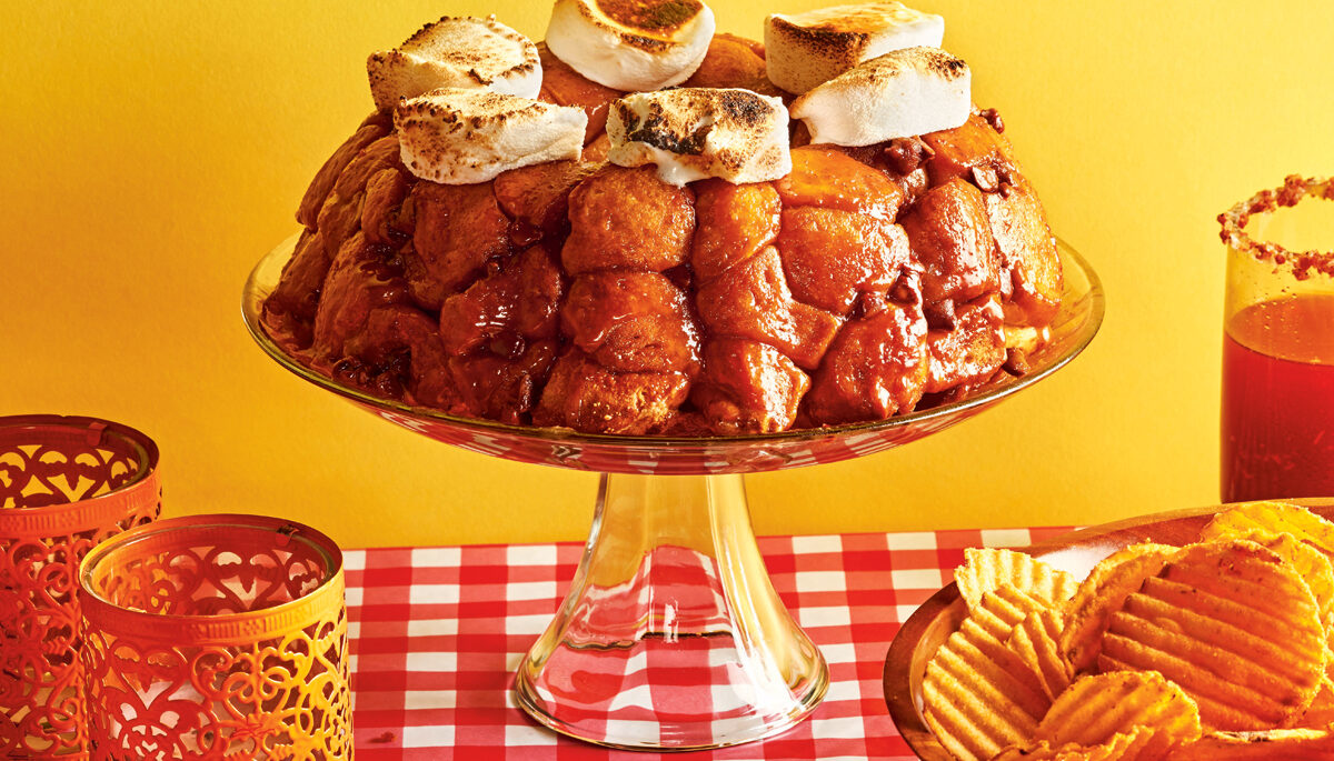 S'more pull apart bread on a cake dish on a table