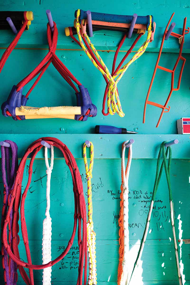 Ski ropes hang inside the Club de Skinautique's show trailer at Lake Metigoshe.