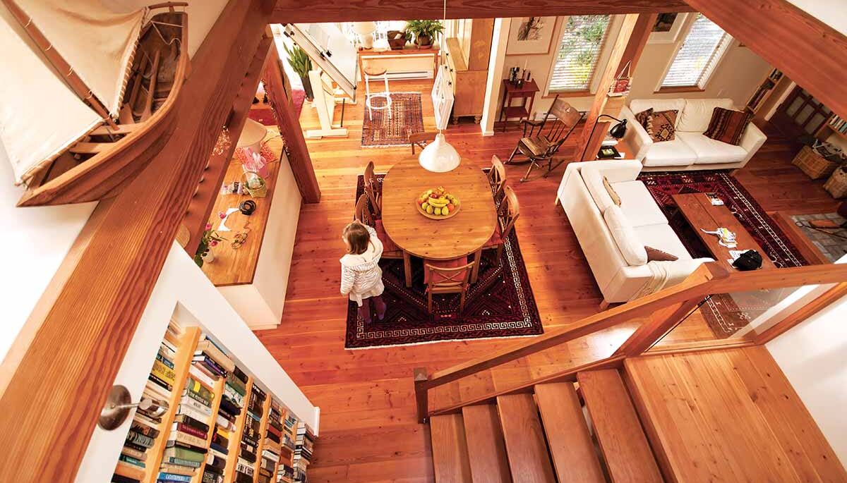 overhead view of deggan's living room including their grandgaughter Maia