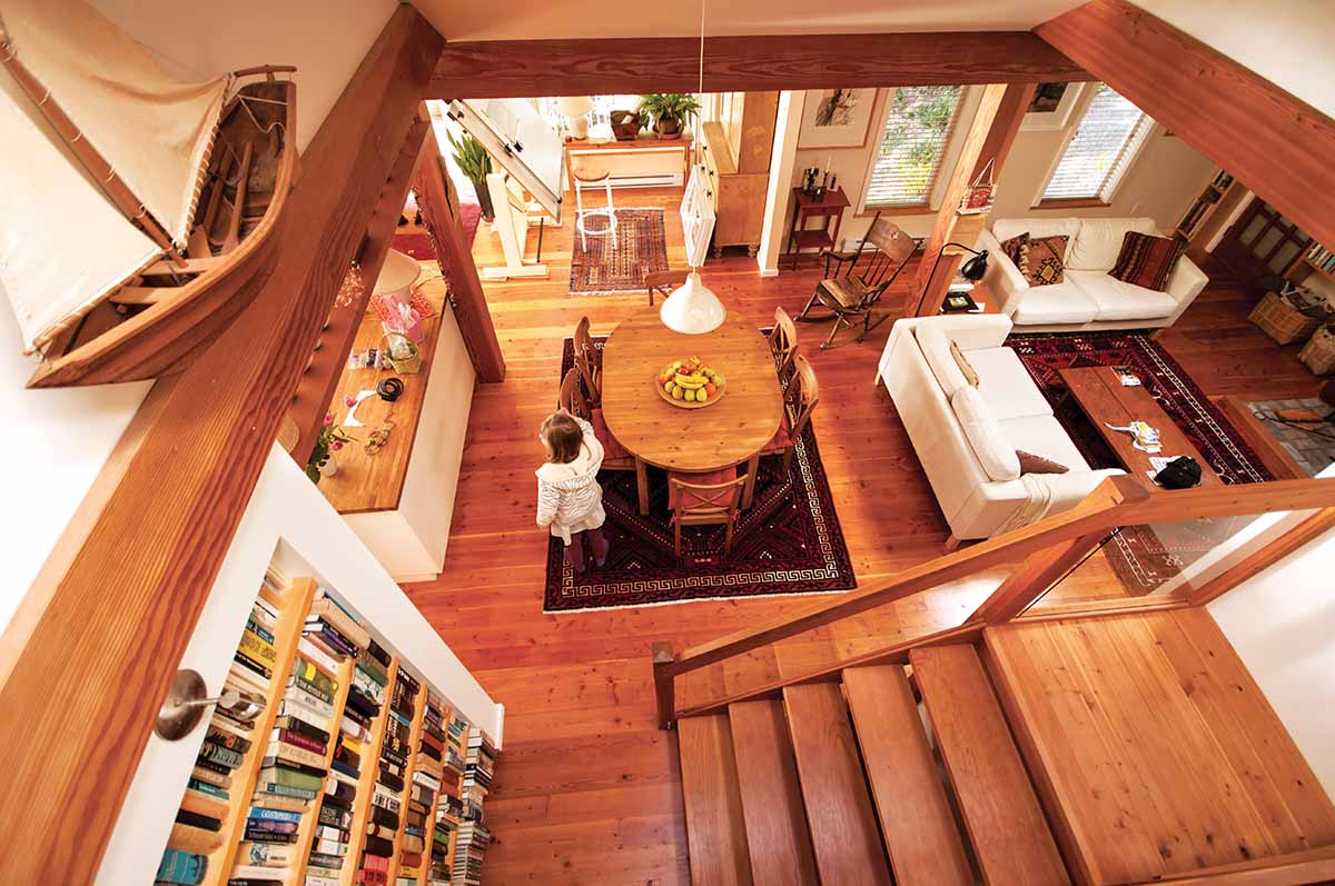 overhead view of deggan's living room including their grandgaughter Maia