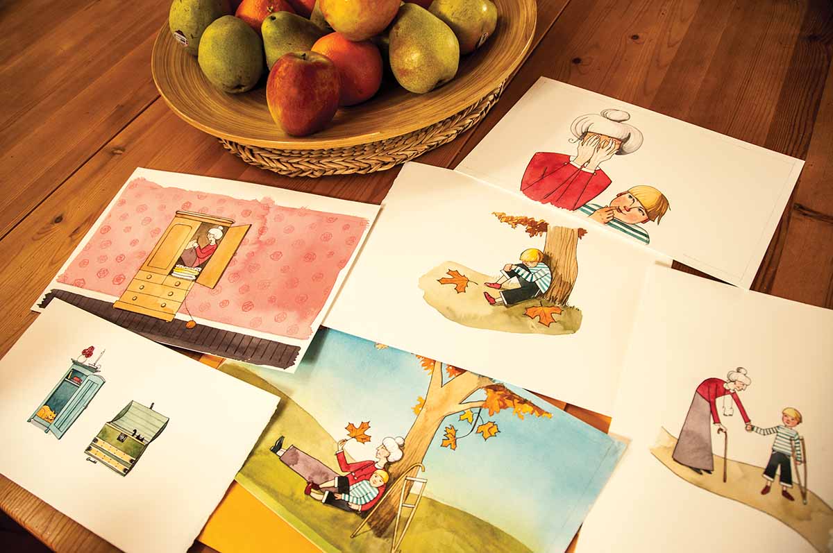 artwork for a gift book about a frail grandmother and her disabled grandson playing an imagined game of hide-and-seek together.