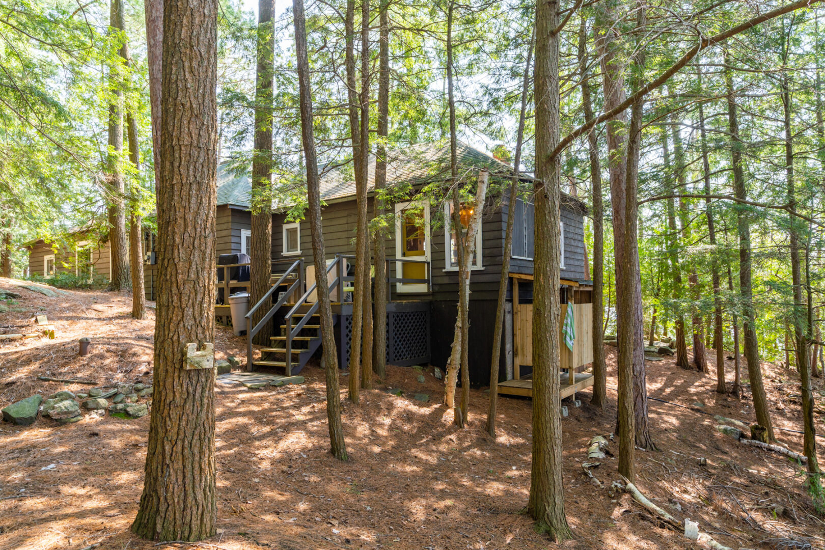 Side exterior of a small cottage with grey siding, an outdoor shower, and a deck with a barbecue.