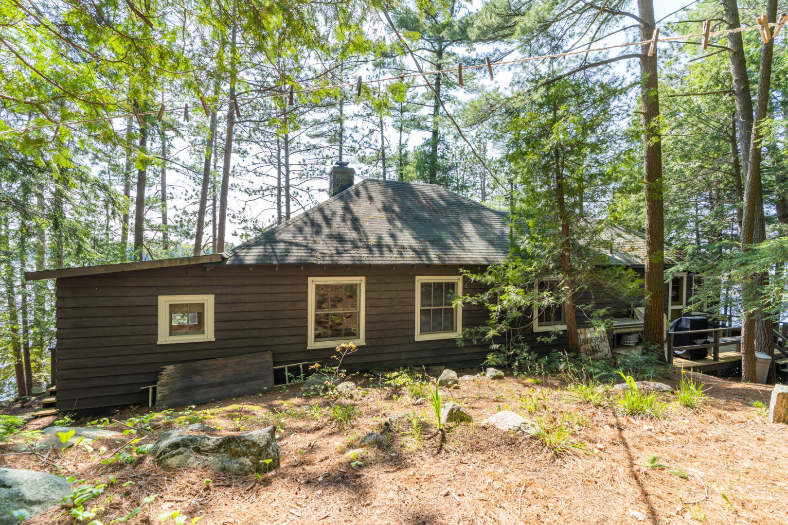 A small, single-story cottage sits on a plot of land, surrounded by trees and in front of a lake.
