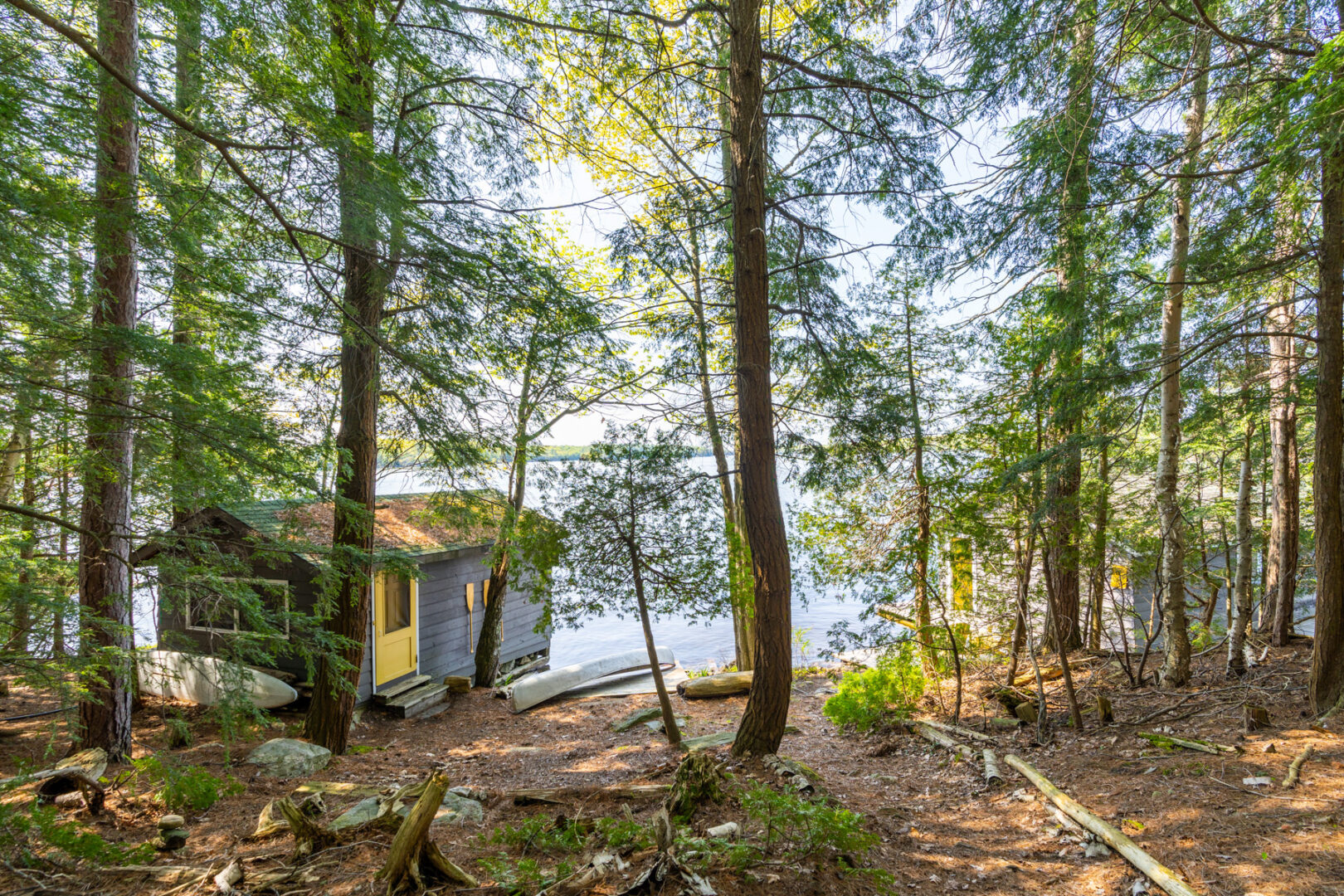 A small bunkie and a boathouse sit past tall trees on the shoreline of a lake.