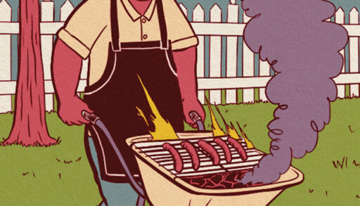 Illustration of man with a grill in a wheelbarrel