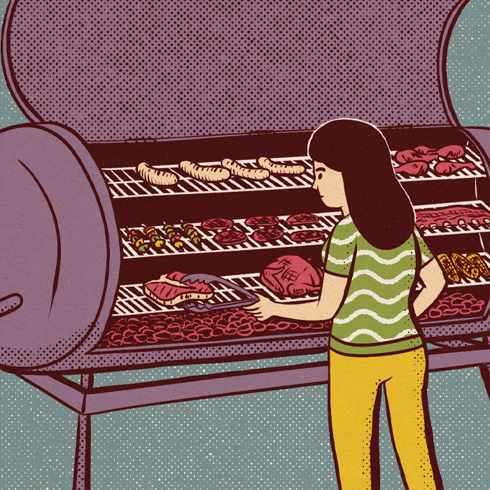 illustration of a woman at a mixed grill