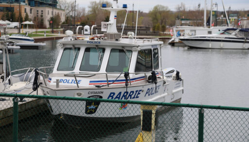 A Barrie police boat sits docked in the City of Barrie marina. Police deal with boat theft in the area