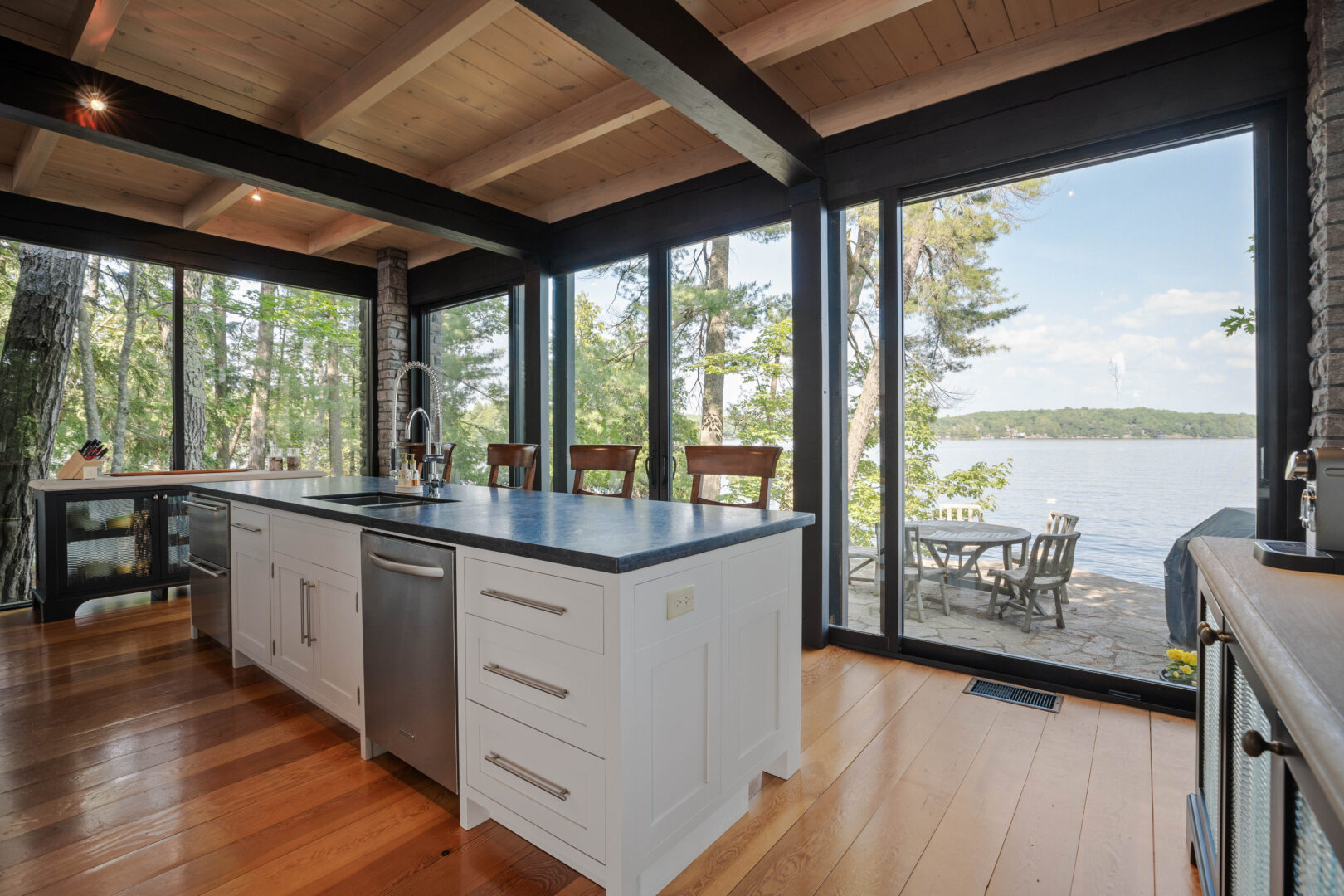 kitchen inside glass cottage on Fawn Island