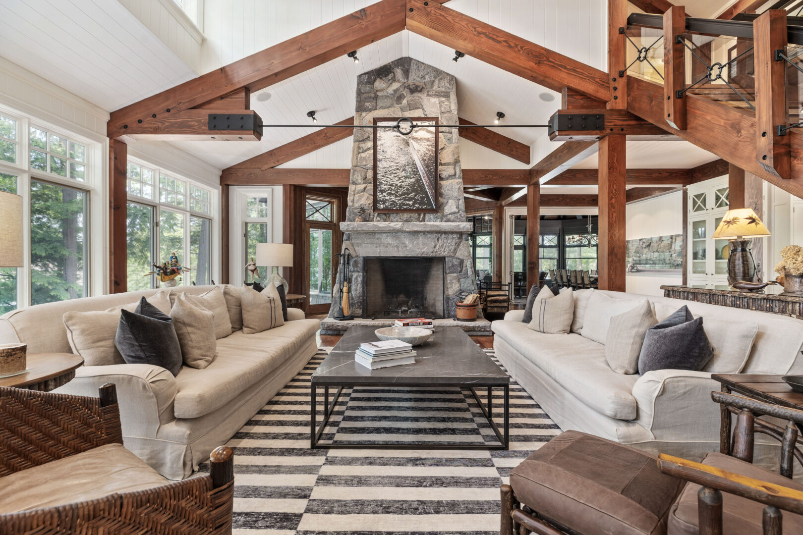 living room with high beamed ceilings