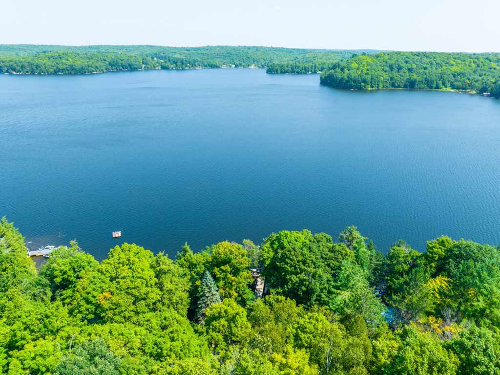 View of green trees and a blue lake.