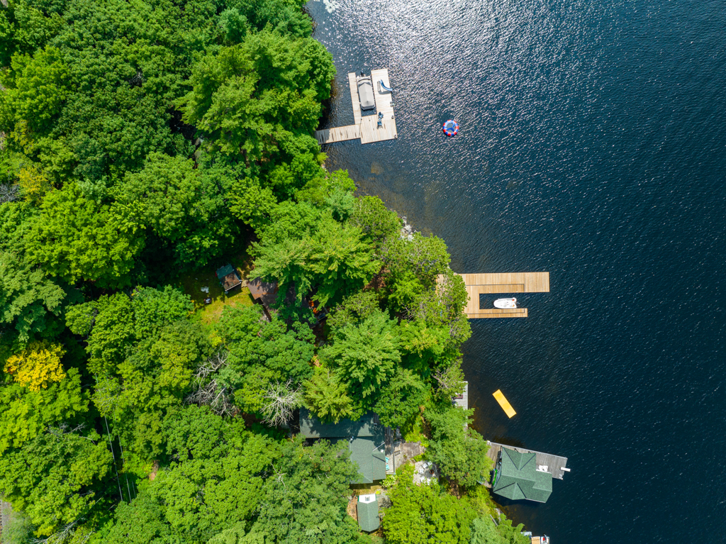 Aerial view of a section of lake shoreline with lots of green trees. A big, new dock extends into the lake.