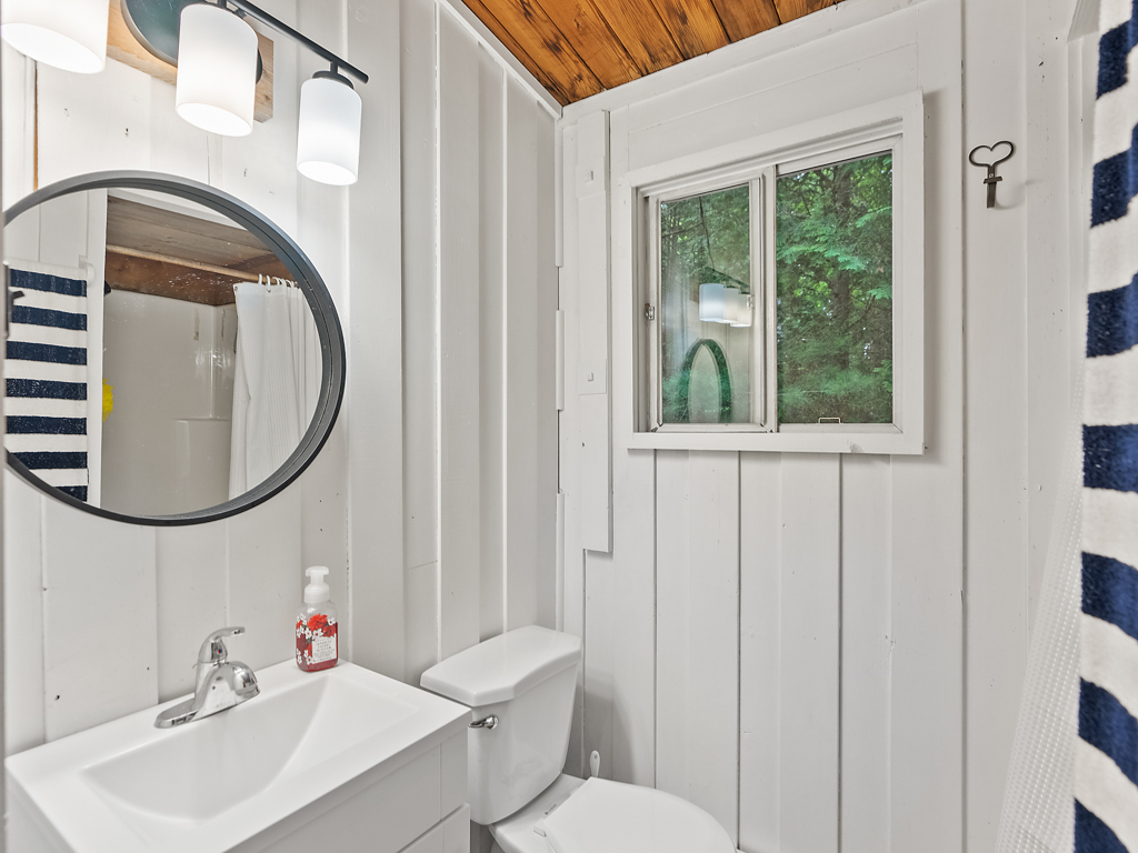 A small bathroom with white-painted wood walls, a toilet, a mirror, and a shower.
