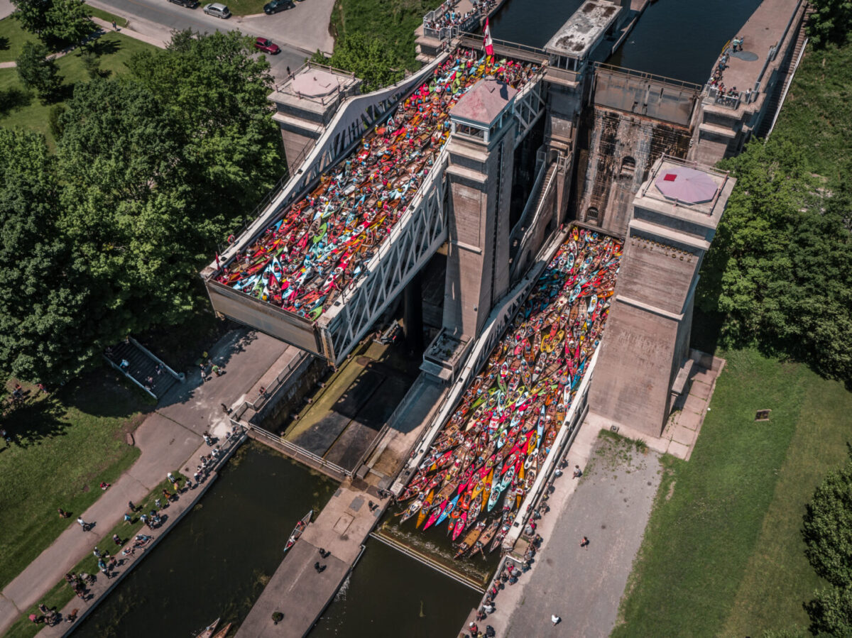 Overhead view of the Peterborough Lift Lock will two full tubs of canoes and kayaks during the Lock and Paddle event