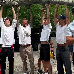 David Beckham and Austin Butler lift up a tree in Muskoka