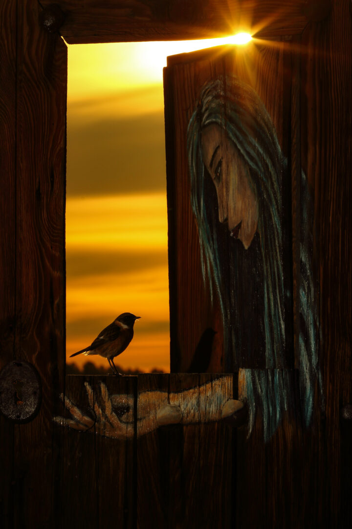 European Stonechat perched on a door next to a painting of a woman at sunset