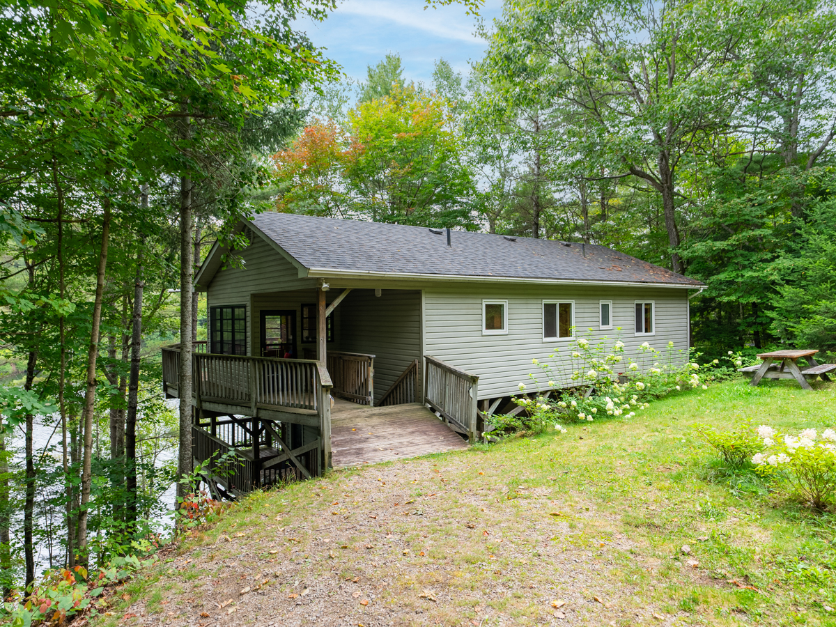 A small cottage with a wide dirt driveway, surrounded by trees.