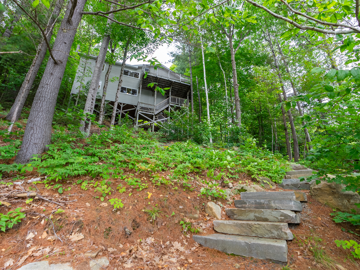 View of stone steps leading up a sloping, tree-lined area to a cottage.