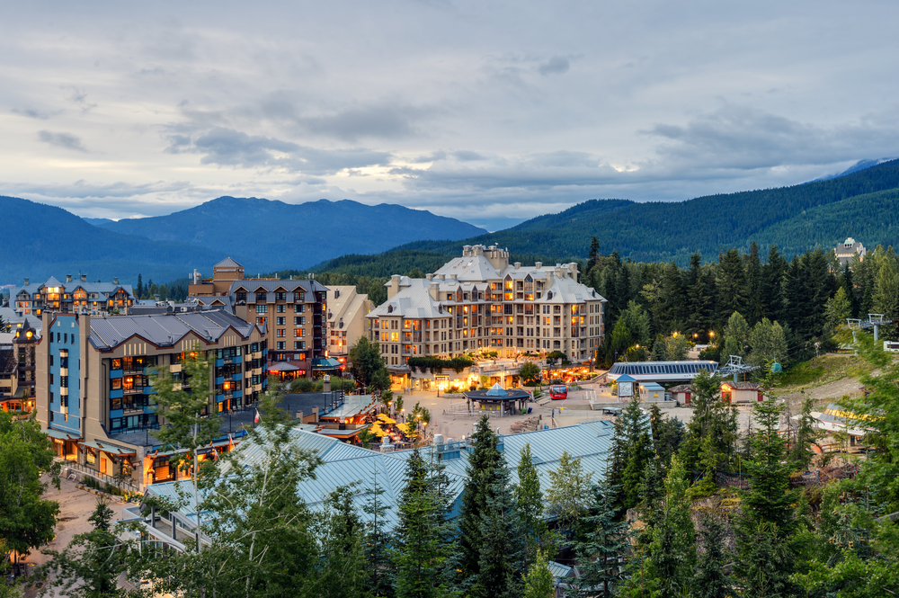 Whistler, British Columbia, Canada from afar with the mountains in the background