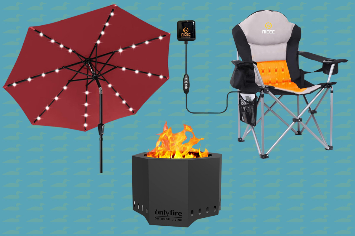Outdoor living deals for Amazon Prime Day 2023. Solar umbrella, heated camping chair, smokeless fire pit